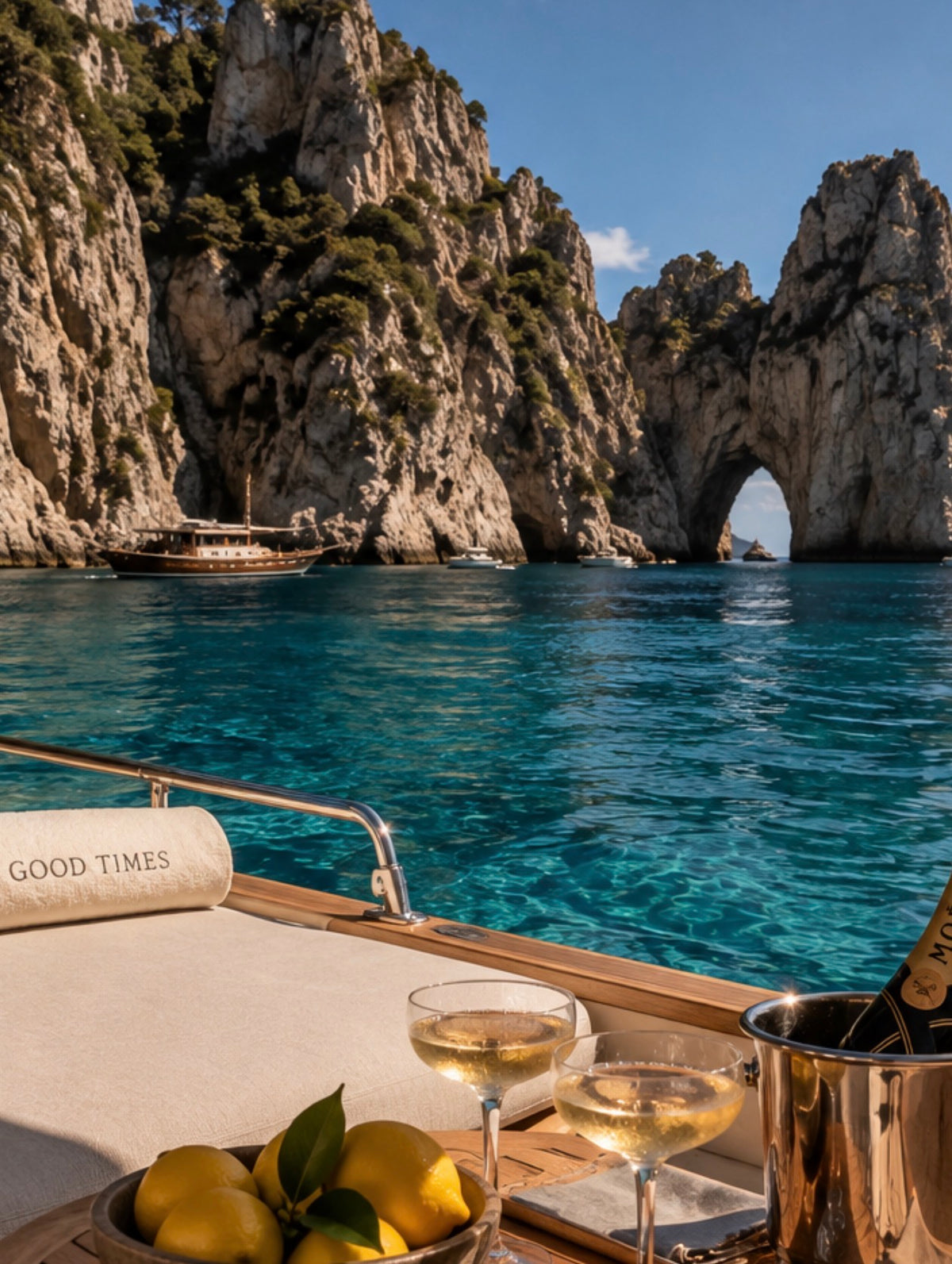 Blick von einem Boot auf die Felsklippen von Capri